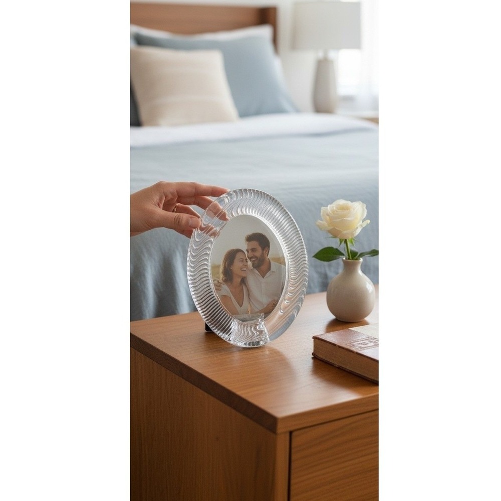 Vintage Mikasa Clear Ribbed Glass Oval Picture Frame, Tabletop Photo Holder